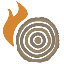 Illustration eines Holzstamms mit konzentrischen Kreisen und einer orangefarbenen Flamme daneben.