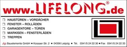 "Werbeanzeige von Lifelong.de mit Angeboten für Türen, Fenster, Garagentore und Markisen."