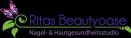 Ritas Beauty Oase Logo mit Schmetterling, grünem Blatt und Text: Nagel- & Hautgesundheitsstudio.