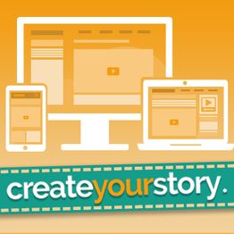Computerschermen en een tablet met de tekst "create your story" op een oranje achtergrond.