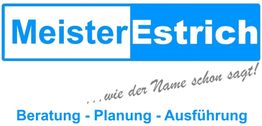 Blau-weißes Logo "MeisterEstrich" mit Slogan, darunter: Beratung - Planung - Ausführung.