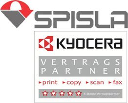 Logo von Spisla und Kyocera, Vertrags-Partner für Druck, Kopie, Scan und Fax, 5-Sterne-Partner.