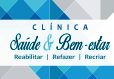 Logo da Clínica Saúde & Bem-estar com fundo azul e cinza, escrito "Reabilitar, Refazer, Florescer".