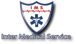 Wappen mit roter Herzlinie und blauem Äskulapstab. Text: Inter Medical Service.