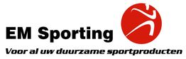 Logo van EM Sporting met slogan "Voor al uw duurzame sportproducten" en een rode cirkel met figuur.