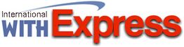 Logo mit Text "International WITH Express" in blauer und roter Schrift.