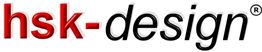 "hsk-design" Logo in rot und schwarz mit Markenzeichen-Symbol.