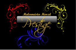 Dekoratives Bild: "Malermeister Menzel Prestige" mit roten, gelben und blauen Ornamenten.