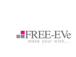 FREE-EVe-Logo mit Slogan "make your wish..." und grauen und pinken Quadraten.