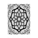 Ornate geometric pattern in black with swirling floral elements on a gray background.
