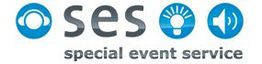 Logo mit der Aufschrift "ses special event service", Symbolen für Kopfhörer, Glühbirne und Lautsprecher.