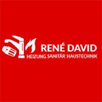 Rotes Logo mit Wasserhahn, Flamme und Text "René David Heizung Sanitär Haustechnik".