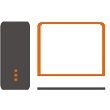 Computer-Icon mit Monitor, CPU-Gehäuse und Tastatur in orange und grau.