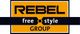 Logo mit den Worten "REBEL free style GROUP" in Schwarz auf orangefarbenem Hintergrund.