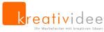 Logo mit orangefarbenem Quadrat und Text: "kreatividee", "Ihr Werbepartner mit kreativen Ideen".