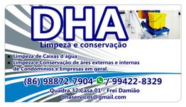 Cartão de visita da DHA para serviços de limpeza e conservação, com contato e endereço.