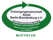 Grünes Siegel der Entsorgergemeinschaft Abfall Berlin-Brandenburg e.V. mit Zertifizierungsnummer.