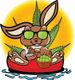 Comic-Hase mit Sonnenbrille, raucht und hält Korb, sitzt vor einem Sonnensymbol mit Blättern.