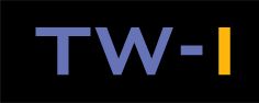 Blaue Buchstaben "TW-I" auf schwarzem Hintergrund, wobei das "I" orange ist.