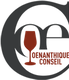 Logo avec un verre de vin rouge et le texte "Oenanthique Conseil" sur fond blanc et noir.