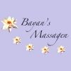 Logo mit weiß-gelben Blumen und Text "Bagan's Massagen" auf lila Hintergrund.