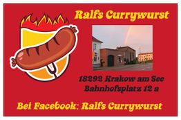 Rote Karte mit Currywurst, Adresse in Krakow am See, und Hinweis auf Facebook-Seite.