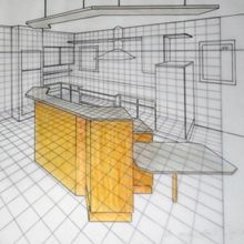Wireframe kitchen design with a 3D grid and yellow accents on the cabinets and island.