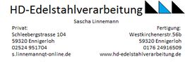Visitenkarte von HD-Edelstahlverarbeitung mit Kontaktdaten und Logo oben rechts.