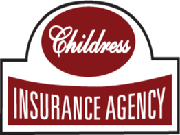 Red and white Childress Insurance Agency logo with oval and rectangular shapes.
