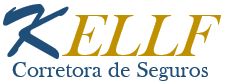 Logotipo da KELLF Corretora de Seguros em letras azuis e douradas.