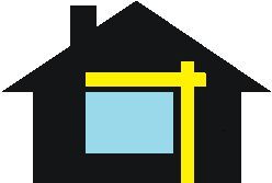 Schwarzes Haus-Symbol mit blauem Fenster und gelbem Kreuz.