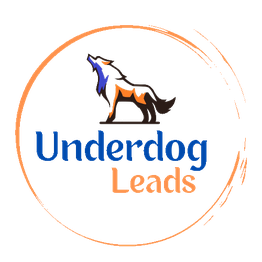 Wolf silhouette above "Underdog Leads" text in a circular orange brushstroke design.