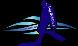 Taucher-Silhouette mit Schrift "Big Bubbles" und "Tauchschule" vor blauen Wellen auf schwarzem Hintergrund.