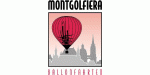 Ein roter Heißluftballon über einer Stadt-Silhouette mit dem Text "Montgolfiera Ballonfahrten".