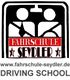 Logo der Fahrschule Seydler, zwei stilisierte Figuren im Auto, Text "DRIVING SCHOOL".