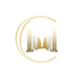Golden curved design with skyscrapers forming an archway on a white background.