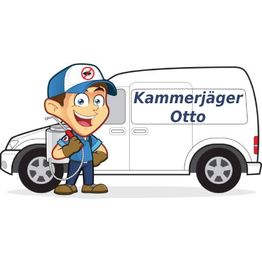 Cartoon-Kammerjäger neben weißem Lieferwagen mit Aufschrift "Kammerjäger Otto".