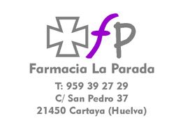 Logotipo de Farmacia La Parada con dirección y teléfono en Cartaya, Huelva.