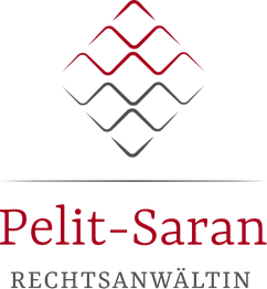 Logo von Pelit-Saran, Rechtsanwältin, mit geometrischen Mustern in Rot und Grau.