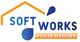 "Soft Works Power Washing logo with water droplets and roof outline."
