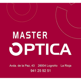 Tarjeta roja de óptica "Master Óptica" con dirección y teléfono en Logroño, La Rioja.