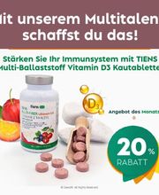 Flasche und Tabletten mit Obst, Text: 20% Rabatt auf TIENS Multi-Ballaststoff Vitamin D3.