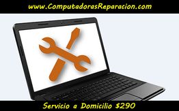Laptop con icono de herramientas y texto sobre reparación de computadoras a domicilio.
