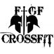 Spartan helmets with a sword between them above the text "FGF CrossFit."