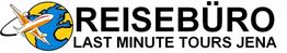 Logo eines Reisebüros mit Flugzeug und Weltkugel, Text: "REISEBÜRO LAST MINUTE TOURS JENA".
