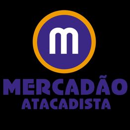 Logotipo: "Mercadão Atacadista", letra "M" branca em círculo roxo com borda laranja.