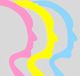 Bunte Silhouetten von drei Köpfen in Pink, Gelb und Blau auf grauem Hintergrund.