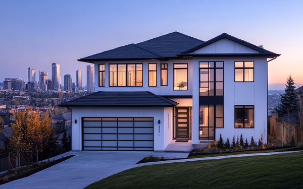 Eine moderne Luxusimmobilie, mit Blick auf die Skyline einer Großstadt.