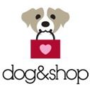 Illustration: Hund mit Tasche und Herzmotiv über dem Text "dog&shop".