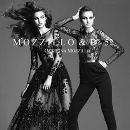 Modella in abiti eleganti neri, posa elegante. Testo: Mozzillo & D-S2, Caterina Mozzillo.